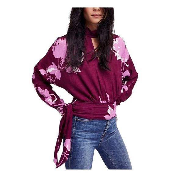 Free People Small Top Burgundy Floral Mock‎ Neck Long Sleeve Choker V Neck 1043 - Picture 1 of 16
